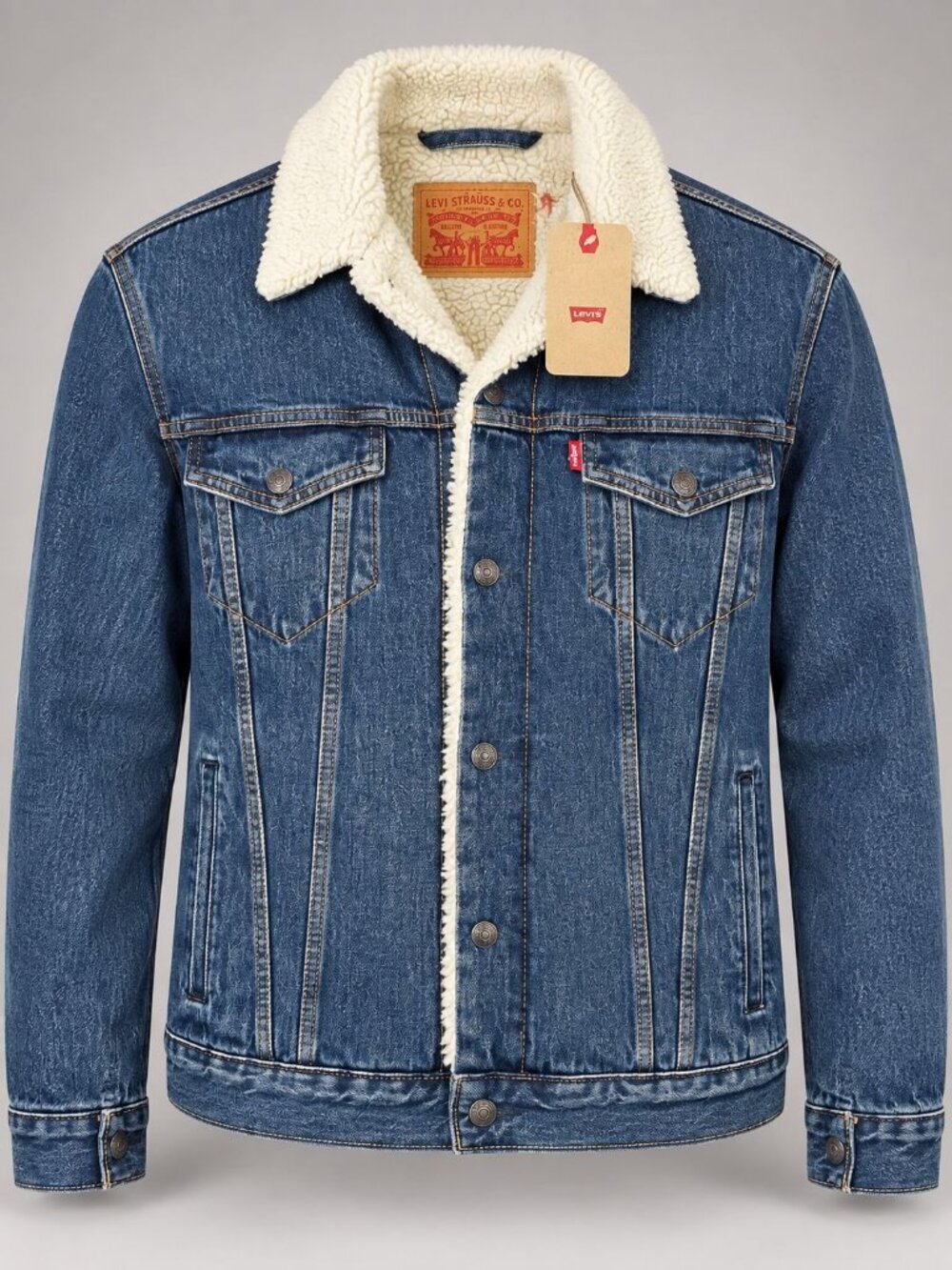 Levis Mens Size Large Trucker Jacket Blue Denim Jean Sherpa-Lined NEW